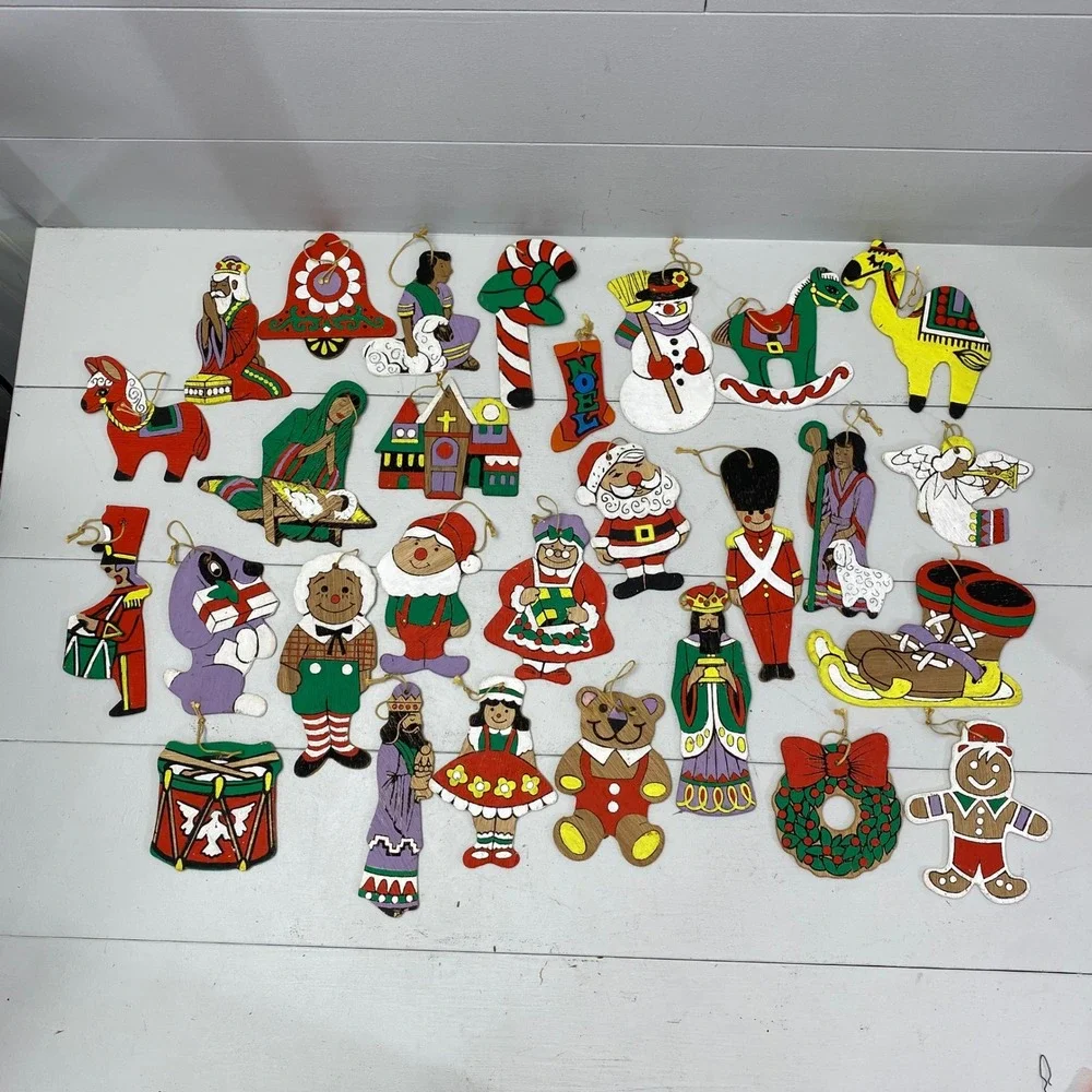 Vintage Wooden Christmas Ornaments Lot 28 Hand Painted Folk Art Mixed Christian